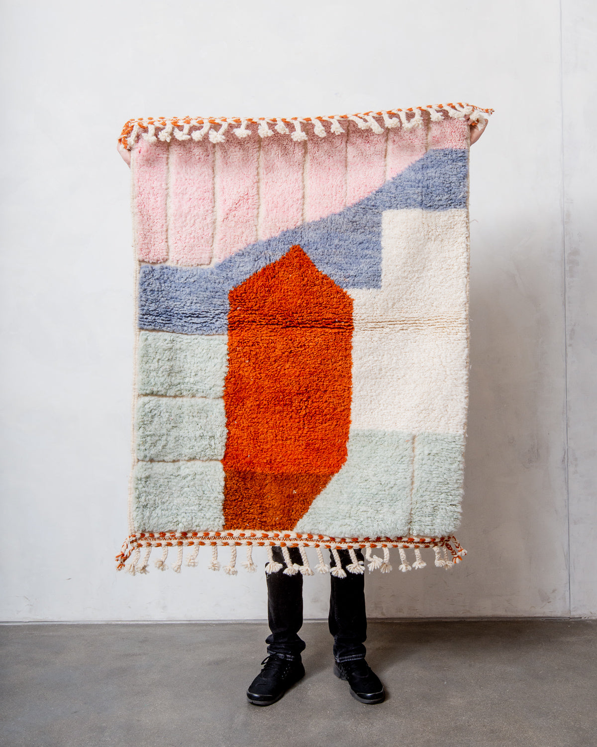 Modern, designer, handcrafted Berber rug from Morocco. Beniourain carpet with beautiful colours and patterns and fluffy wool texture.